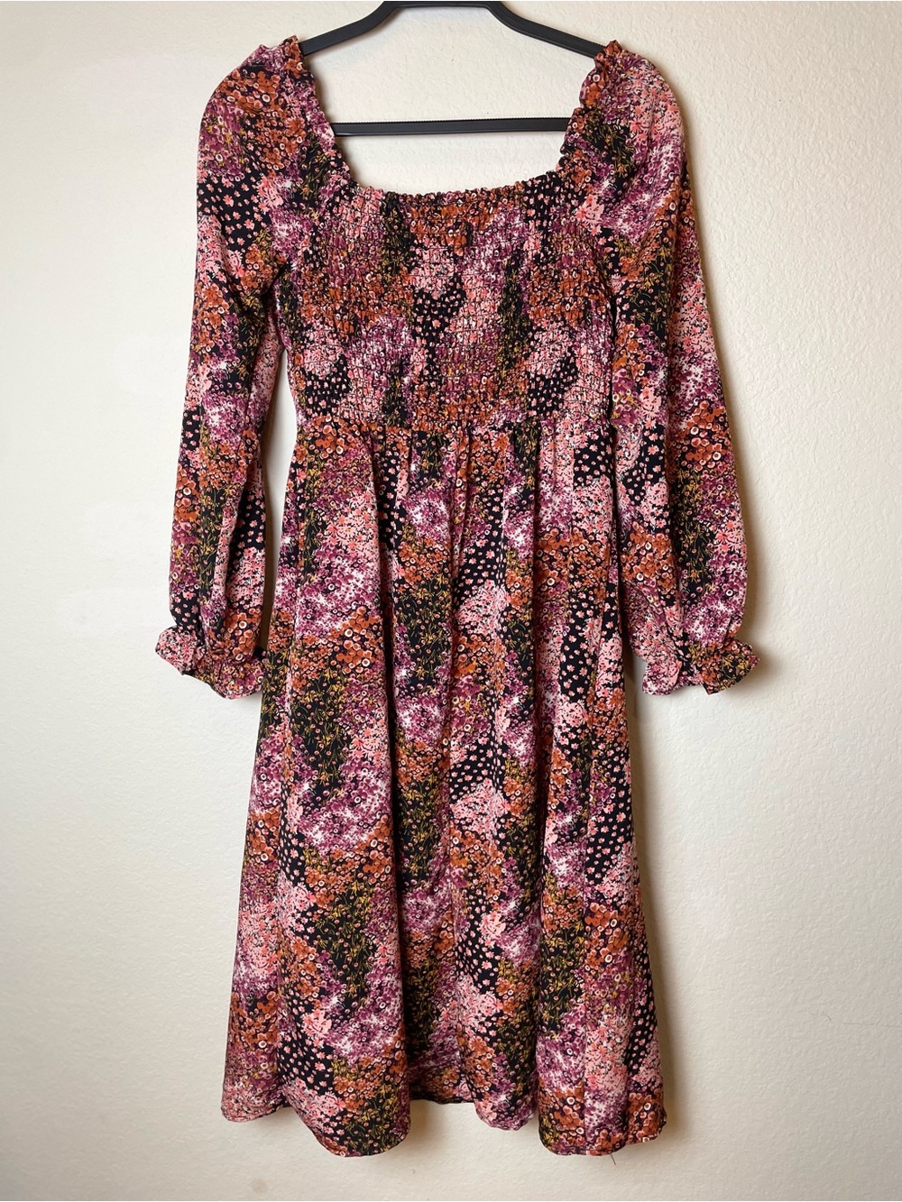 Lily Rose Pink & Black Floral Smocked Midi Dress | Puff Sleeve | Size Small